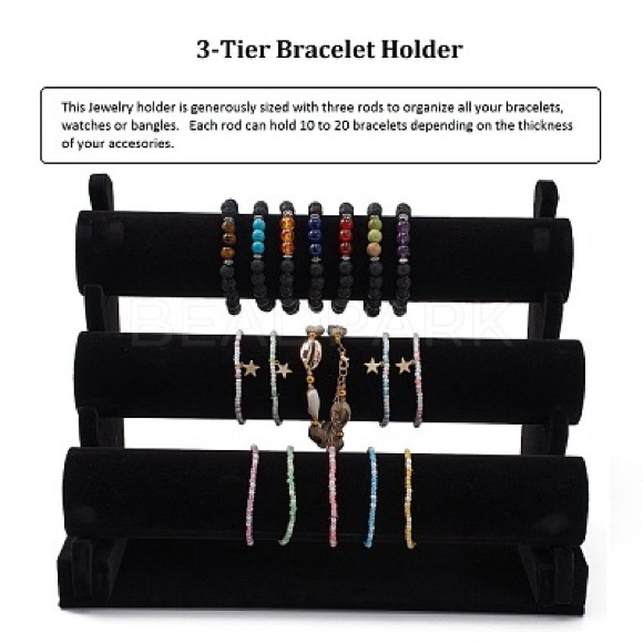 Velvet Bracelet Display, Removable 3 Tier T-bar Jewelry Display Stand, Black - Picture 4 of 7